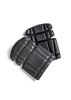 A set of black knee pads featuring a textured surface and contoured shape, arranged on a white background.