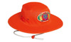 A luminescent safety hat in bright orange with a logo on the front and a chin strap for secure fit.