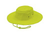 A luminescent safety hat in bright yellow with a wide brim and an adjustable chin strap. It features ventilation holes and a logo.