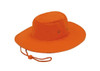 An orange safety hat with a wide brim and adjustable drawstring. The hat features ventilation holes on the sides.
