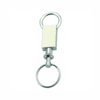 A keyring with a rectangular metal connector and two circular rings, featuring a shiny silver finish.