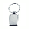 A keyring featuring a rectangular metal pendant with a polished silver finish.