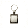 A keyring with a rectangular metal tag, featuring a shiny silver finish and a circular attachment.
