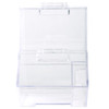 A clear plastic dispenser with a hinged lid and a scoop compartment on the side. It features a simple, transparent design.
