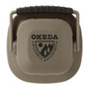 A compact, khaki-coloured mini camping lantern with a handle and a logo on the front.