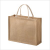 A jute tote bag in a natural tan colour with white handles and a rectangular shape. It features a simple design.