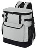 A grey and black cooler backpack features a zippered top, front pocket, and side mesh pocket, with adjustable shoulder straps.