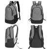 A grey and black backpack with multiple angles displayed, featuring adjustable straps and a logo.
