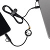 A black charging cable with a circular connector, linking a device to a laptop, featuring a logo.