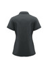 A women's short sleeve polo shirt in charcoal grey, featuring a collar and a fitted design. Includes a logo.