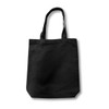 A black reusable grocery tote bag with two handles and a simple design, featuring a logo.