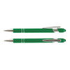 A green stylus pen with chrome accents and a cap, displayed in two positions. It features a logo.