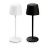 Rechargeable table lamps in white and black, featuring a simple, modern design with a round base.