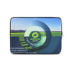 A small laptop sleeve featuring a vibrant landscape design in green and blue, with a logo on the front.