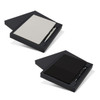 A gift set featuring a black notebook and pen, presented in a sleek black box with a minimalist design.