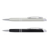 A pen set featuring a sleek, silver pen and a classic black pen, both with silver accents and clips.