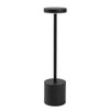 A black rechargeable table lamp with a cylindrical base and a flat, circular top. It features a simple, modern design.
