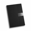 A black A5 notebook with a textured cover and a metallic clasp. It features a sleek, modern design.
