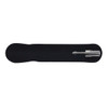 A silver metal pen rests on a black velvet holder, showcasing its sleek design.