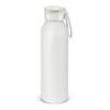 A drink bottle in a sleek white design with a clear cap and a removable strap. It features a logo on the side.