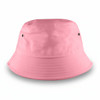 A pink bucket hat with a wide brim and ventilation holes. Features a branding logo on the exterior.