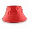 A large, bright red bucket hat with ventilation eyelets, featuring a simple, unembellished design.