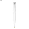 A metal ballpoint pen in white with a sleek design and a silver clip, featuring a logo.