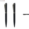 A set of black metal pens with a sleek design and a silver clip. The image includes a logo.