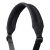 A padded black shoulder strap with an adjustable buckle and a logo at the top.