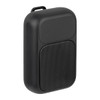A compact black Bluetooth speaker with a textured grille and a handle for portability, features a logo on the side.