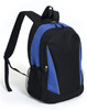 A black and blue backpack with adjustable straps and a mesh side pocket, featuring a logo on the front.