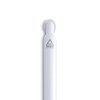 A white gel ink pen with a rounded end and a logo indicating it is made from recycled materials.