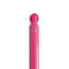 A bright pink gel ink pen with a smooth casing, featuring a logo.