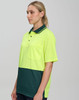 A high-visibility short-sleeve safety polo in bright yellow and dark green, featuring a pocket and a logo.