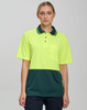 A high-visibility short-sleeve polo shirt in bright yellow and dark green with a pocket and a logo.