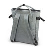 A grey tote backpack with adjustable straps and a top handle. The fabric has a textured appearance and includes a logo.