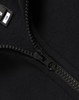 A close-up of a black fleece sweat with a half zip collar, featuring a smooth zipper and soft fabric texture.