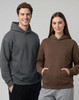 A grey unisex oversized hoodie and a brown unisex oversized hoodie, featuring a front pocket and a hood.