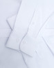 A white men's smart casual cotton blend long-sleeve shirt with buttoned cuffs and a logo.