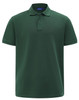 A green short-sleeve polo shirt made of cotton and polyester, featuring a collar and a logo.