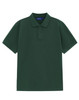 A green short-sleeve cotton/poly pique polo shirt with a collar and a logo.