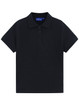 A navy polo shirt with a classic collar and short sleeves, featuring a button placket and a logo.