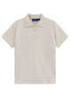 A classic short-sleeve polo in a beige hue, featuring a collar and button placket. Includes a logo.