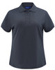 A dark grey ladies' short sleeve polo shirt with a collar and buttons, featuring a branded label inside.