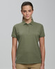 A green ladies' ultrafine cotton pique polo with a collar and three buttons. It features branding.
