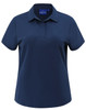 A navy high-performance polo shirt for women with a collar and short sleeves. Features a logo on the tag.