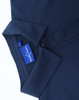 A navy blue high-performance polo shirt featuring a collar and a brand label.