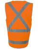 A high-visibility orange safety vest with reflective grey stripes crossing on the back and a tail. Features a logo.