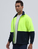 A Hi-Vis polar fleece full zip jacket in bright yellow and navy blue, featuring a zip closure and a logo.