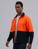 A polar fleece full zip jacket in bright orange and navy, featuring a collar and side pockets. It has a logo.